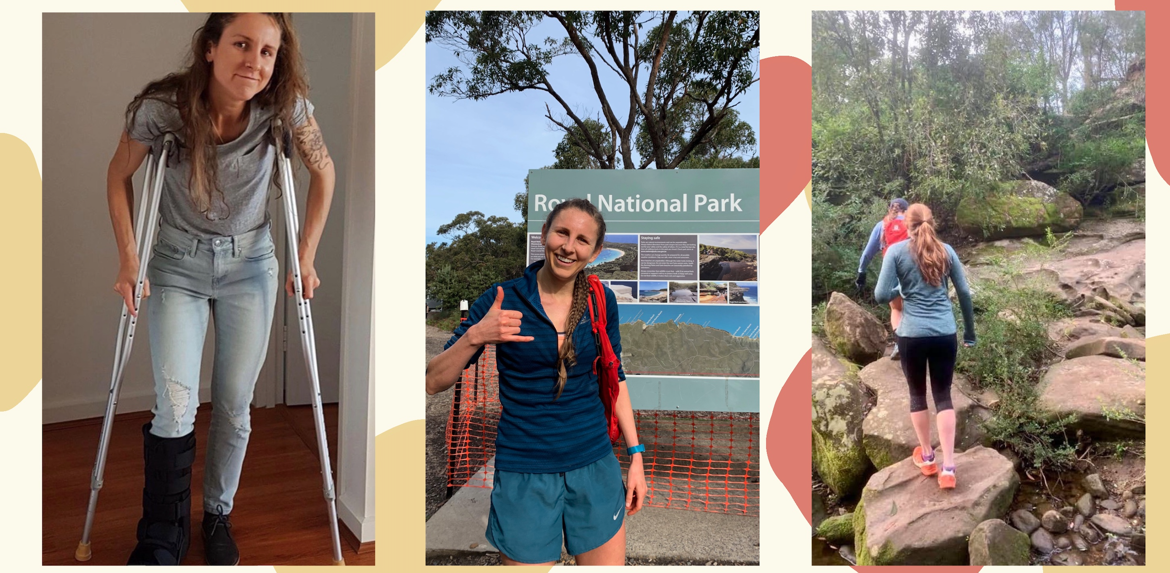 From left to right: the day I was fitted with a moon-boot, post-54 km run, exploring Sydney trails with a small group of AFL friends.